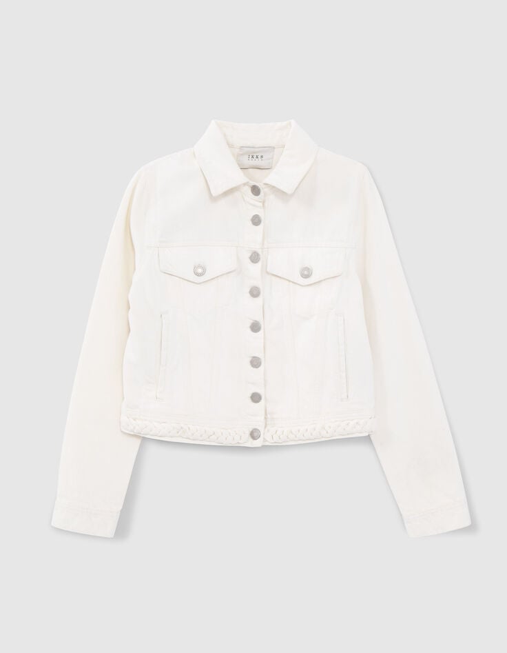 Cremefarbene Jeansjacke für Damen mit Zopfmuster-5 Cremefarbene Jeansjacke für Damen mit Zopfmuster-5