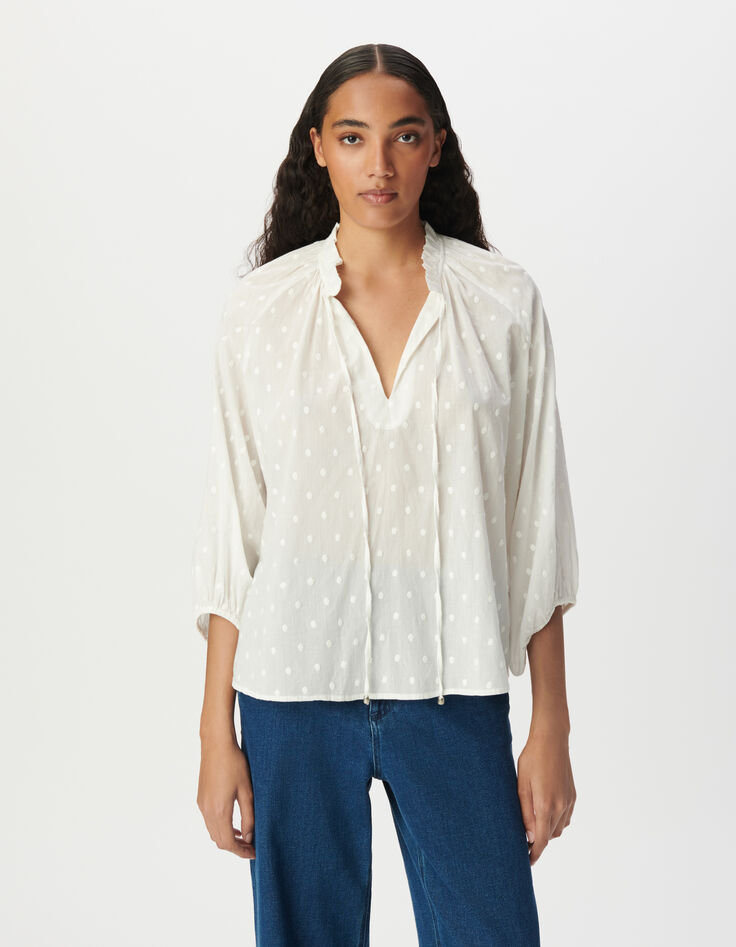 Blouse blanche col collerette à motif plumetis Femme -2 Blouse blanche col collerette à motif plumetis Femme -2
