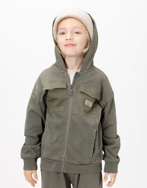 Cardigan à capuche zippé kaki poches bi-matières garçon Cardigan à capuche zippé kaki poches bi-matières garçon - IKKS