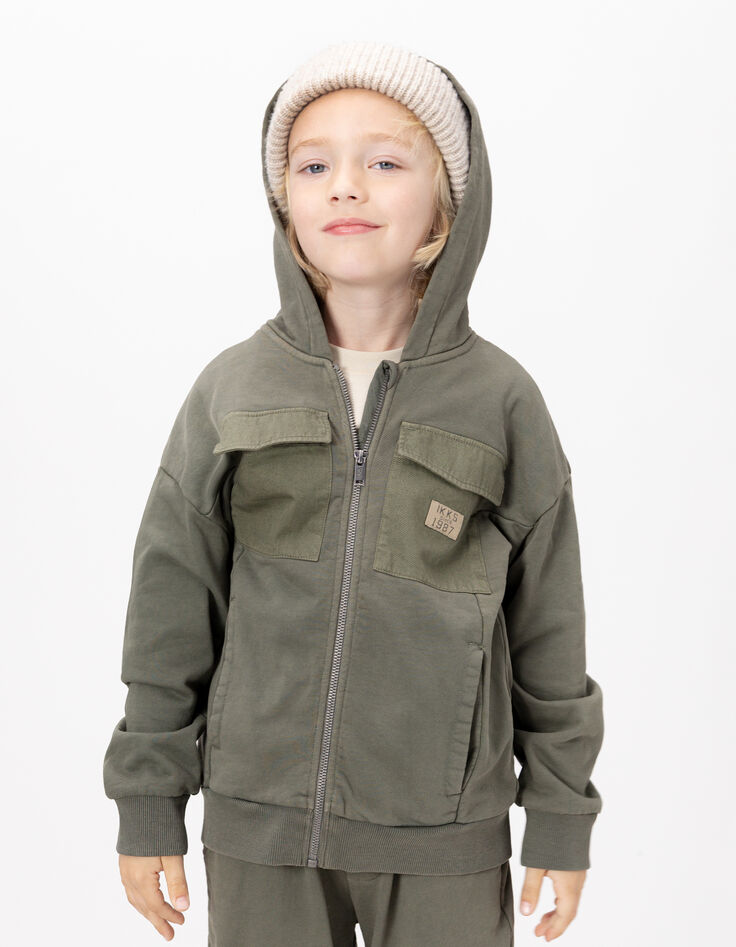 Cardigan à capuche zippé kaki poches bi-matières garçon-10 Cardigan à capuche zippé kaki poches bi-matières garçon-10