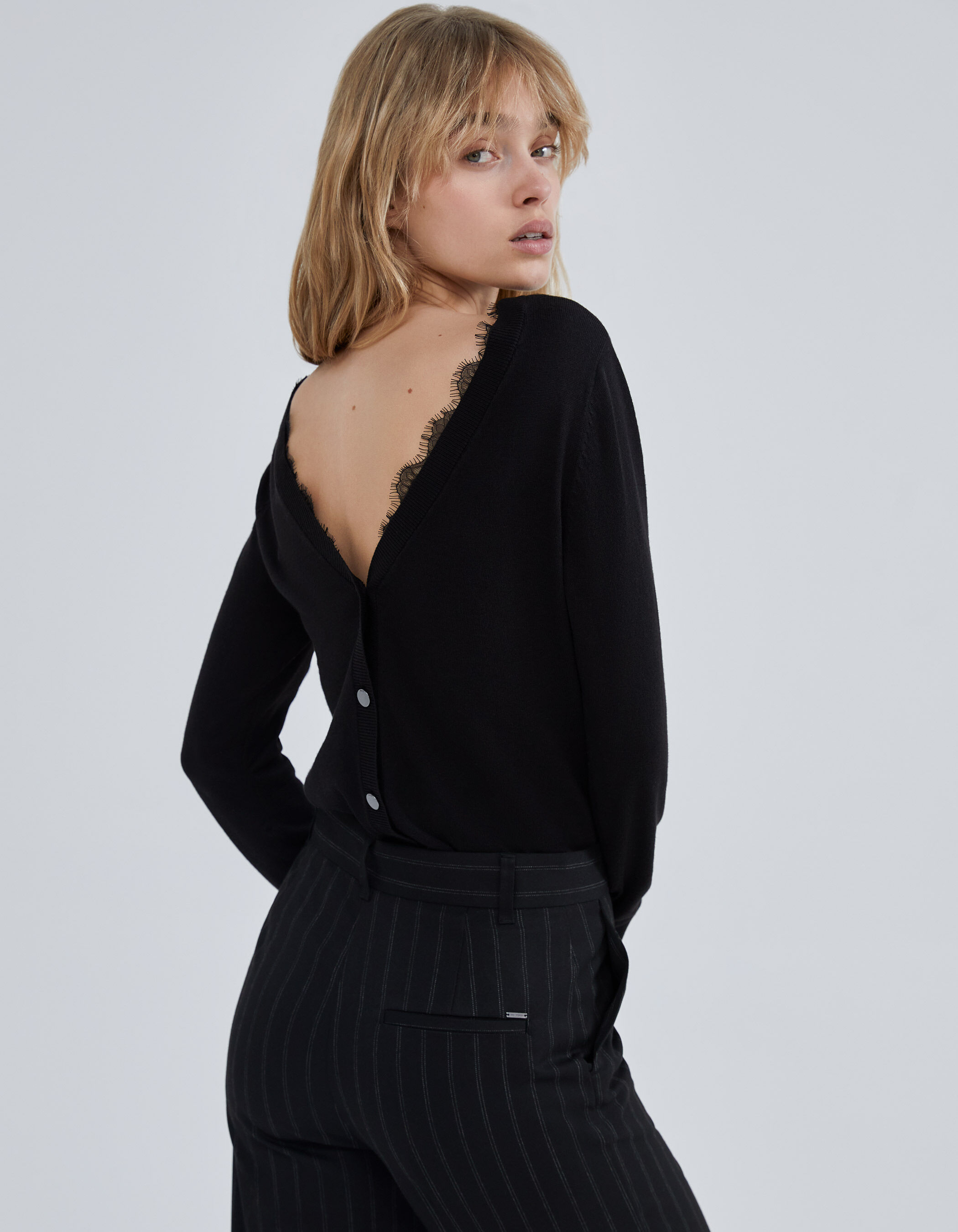 Women s black knit and lace reversible cardigan