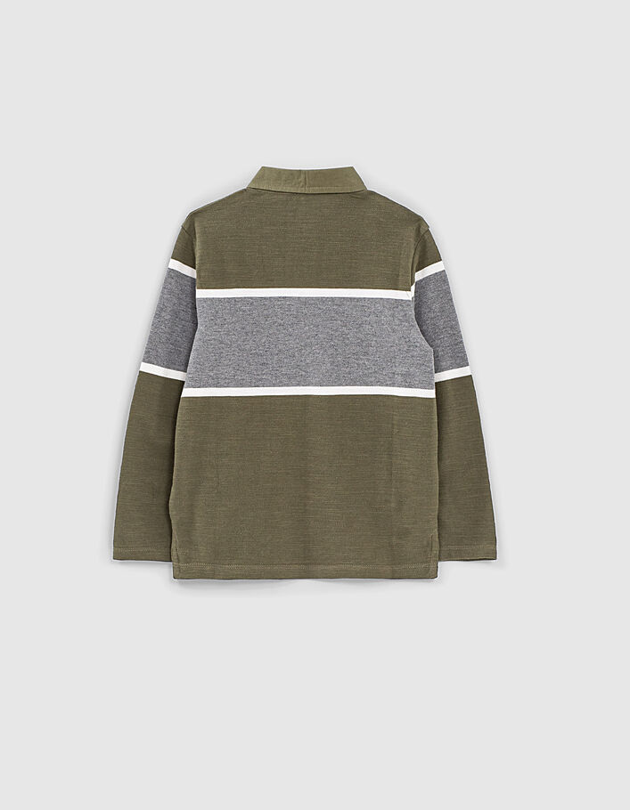 Boys’ khaki shirt collar polo shirt with grey stripe  - IKKS
