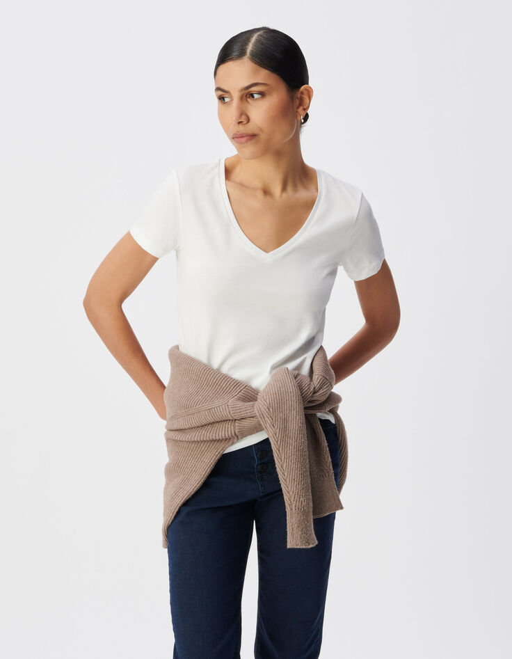 White V-neck T-shirt with chevron embroidery for women-2