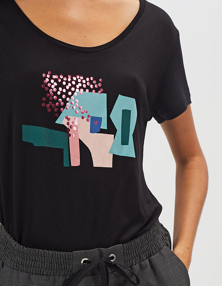Schwarzes T-Shirt mit Arty-Motiven und Plumetis hinten I.Code-4 Schwarzes T-Shirt mit Arty-Motiven und Plumetis hinten I.Code-4
