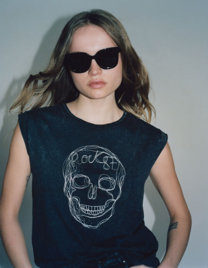 Women's grey T-shirt with embroidered skull and diamanté - IKKS