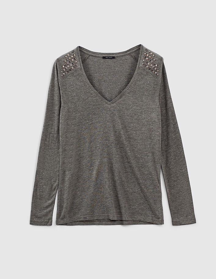 T-shirt kaki en jersey et lurex détails studs femme-1