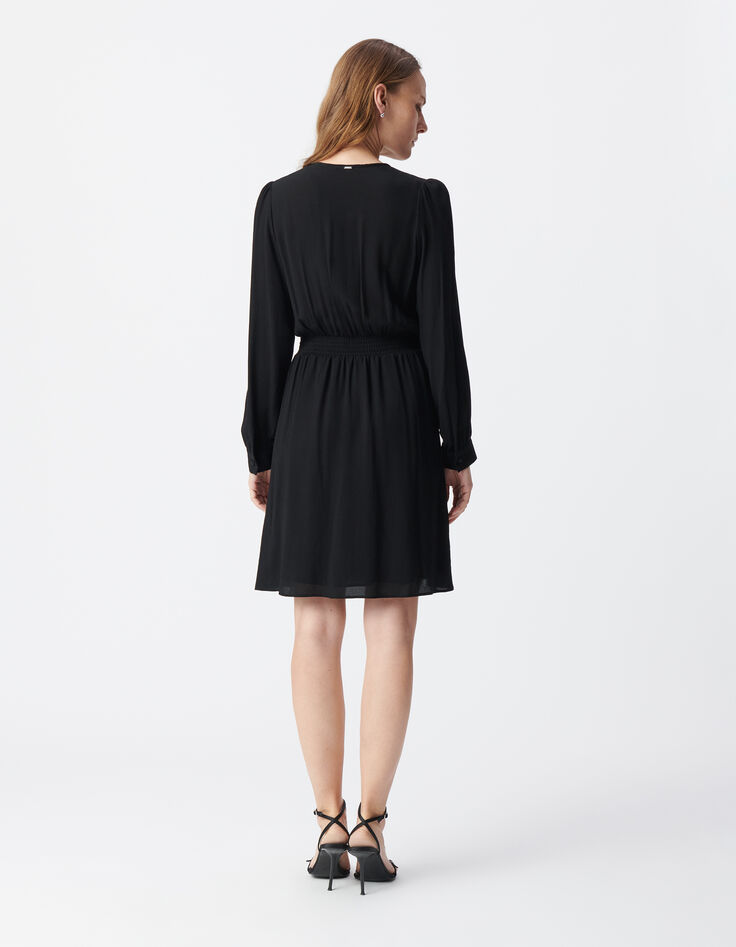 Schwarzes Kleid für Damen mit Falten und Knöpfen-3