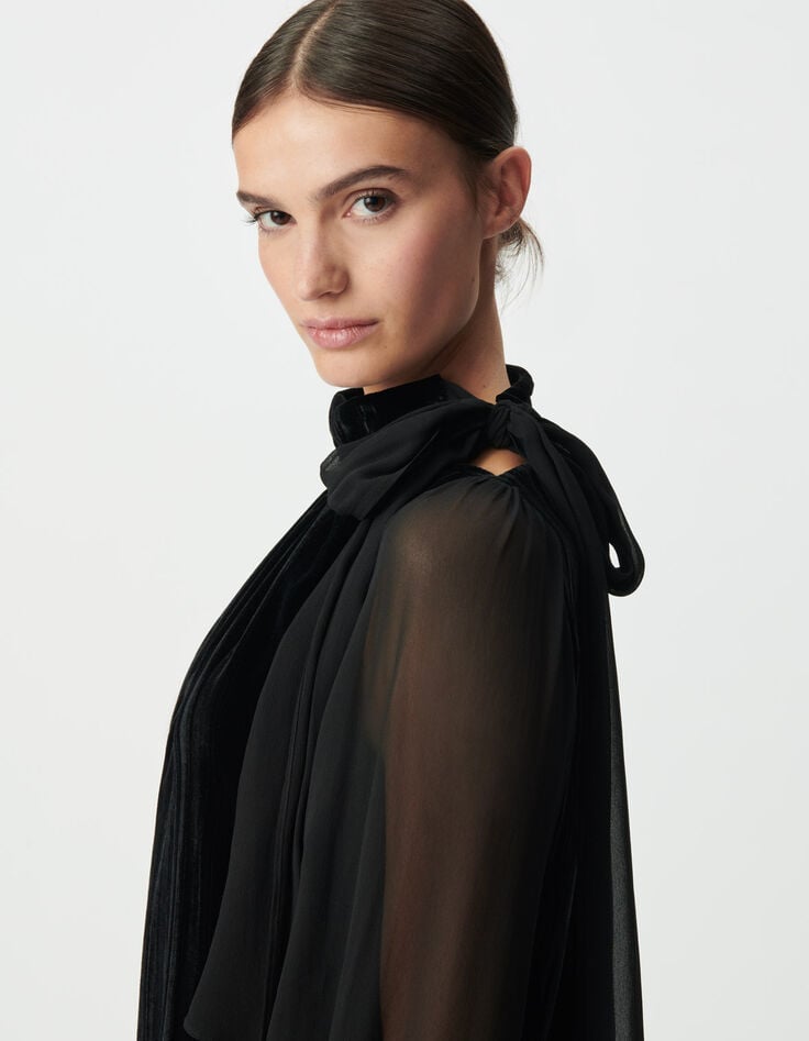 Robe bi-matière noire velours froissé et voile Femme-6