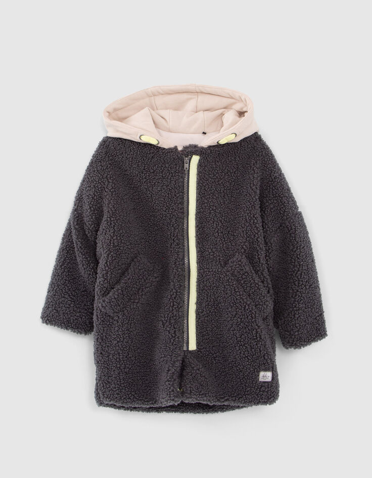Manteau gris en Sherpa capuche bi-matière fille-1