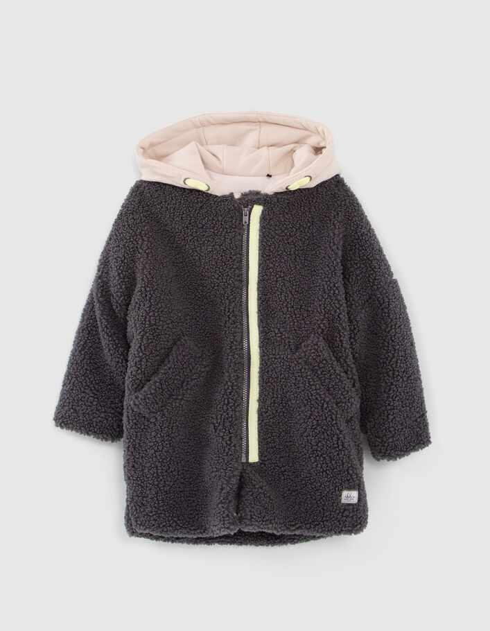 Girls’ grey Sherpa coat with mixed fabric hood-2