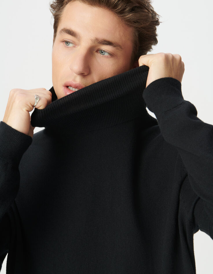 Pull col roulé noir tricot coton cachemire Homme-4