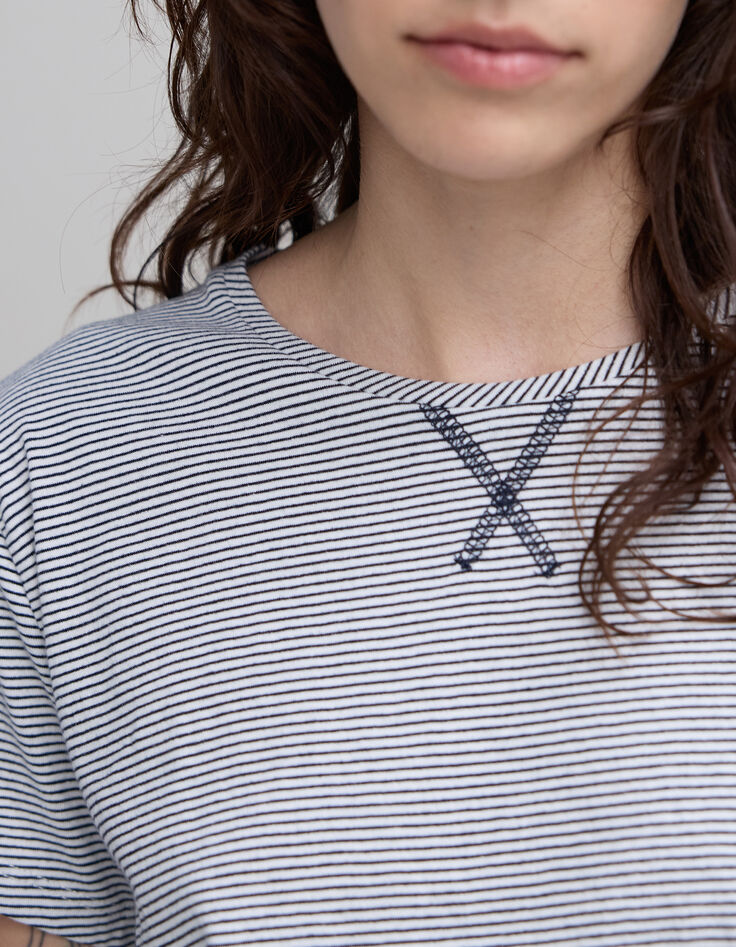 Women's navy blue striped white knotted organic cotton T-shirt-8