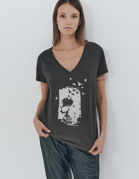 Tee-shirt en coton bio gris visuel tête de mort femme