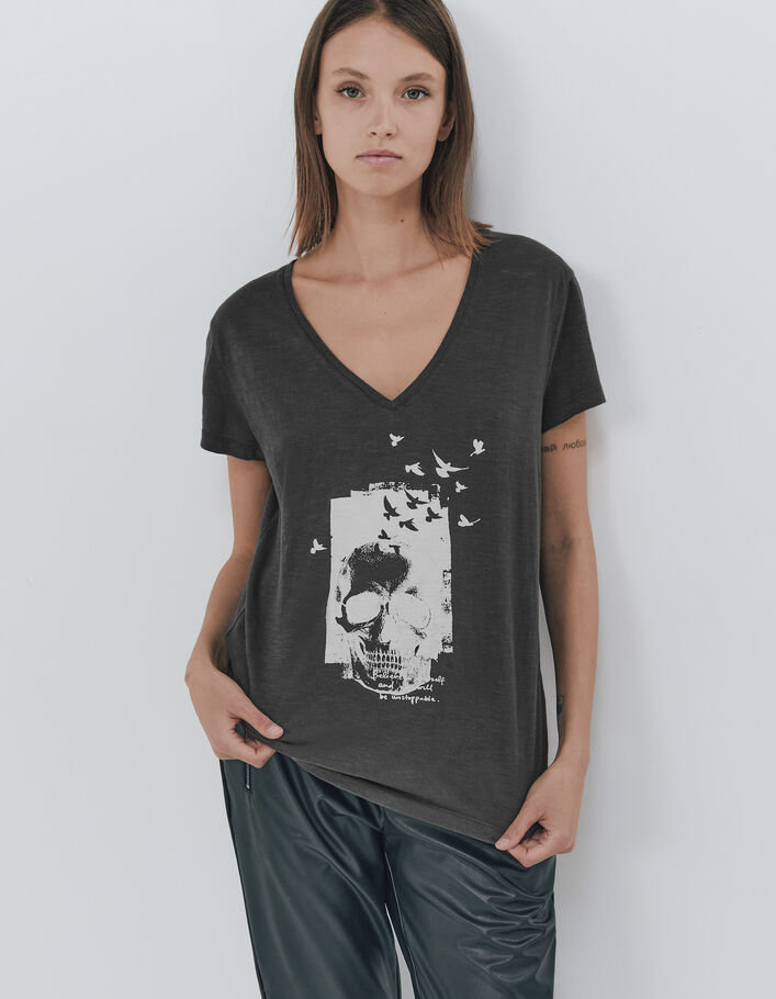 Graues Damen-T-Shirt aus Biobaumwolle mit Totenkopfmotiv - IKKS