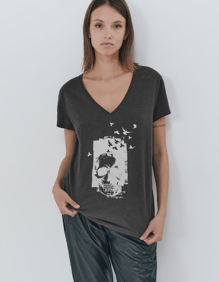 Tee-shirt en coton bio gris visuel tête de mort femme-1 Tee-shirt en coton bio gris visuel tête de mort femme-1