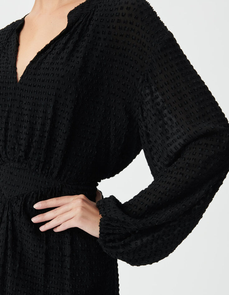 Vestido negro con cuello en V y mangas largas para mujer-5