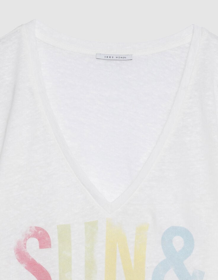 Dames-T-shirt met witte V-hals en gekleurde boodschap-6