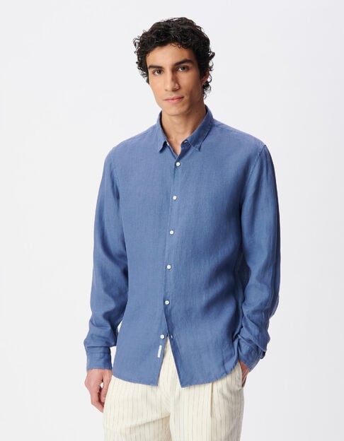 Heren 100% linnen blauw slim-fit overhemd - IKKS