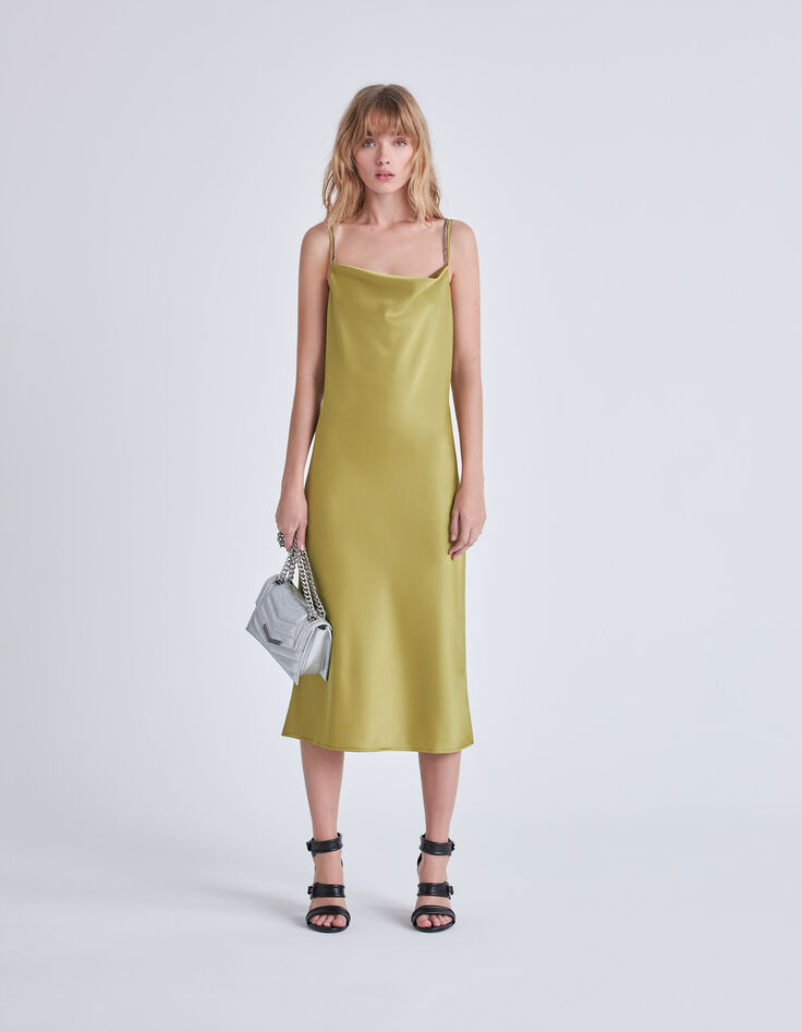 Vestido largo verde raso tirantes finos mujer-2