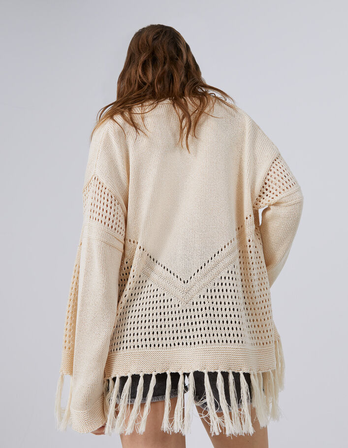 Women’s ecru openwork knit fringed cardigan - IKKS