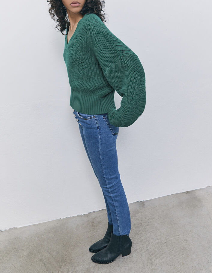 Women’s green decorative knit V-neck sweater - IKKS