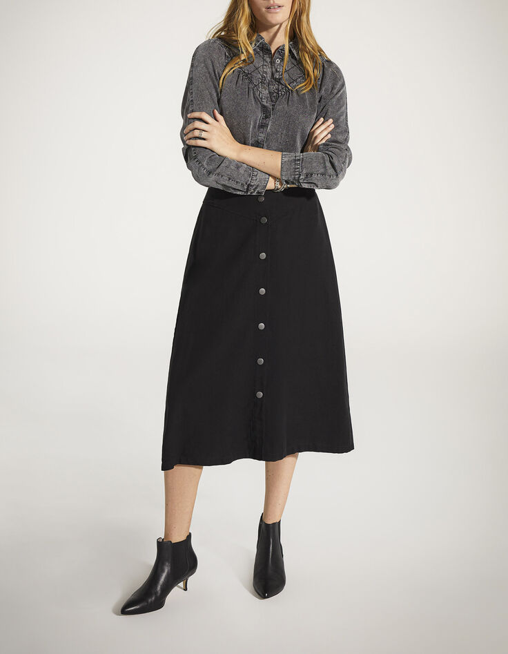 Women’s black Tencel and linen buttoned-front midi skirt-1