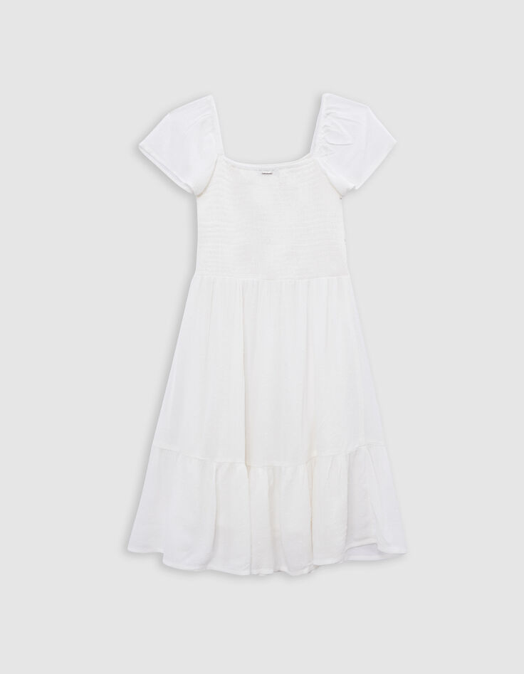 Vestido corto blanco jacquard plumetis niña-3