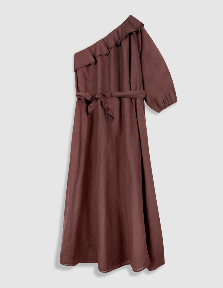 Robe midi asym&eacute;trique magnum lin &agrave; volant Femme-6