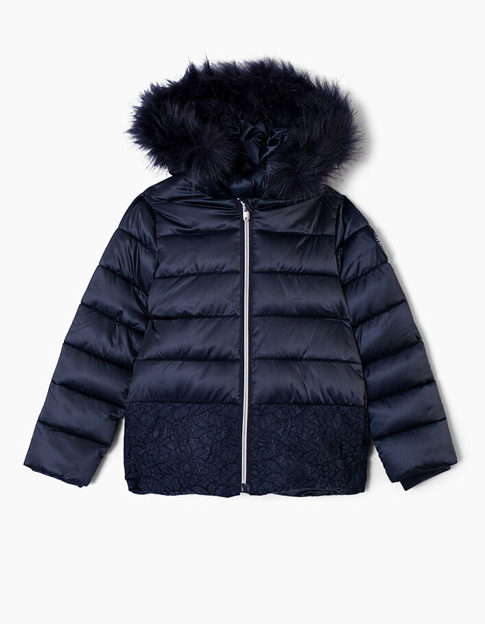 Girls’ navy padded jacket with navy lace