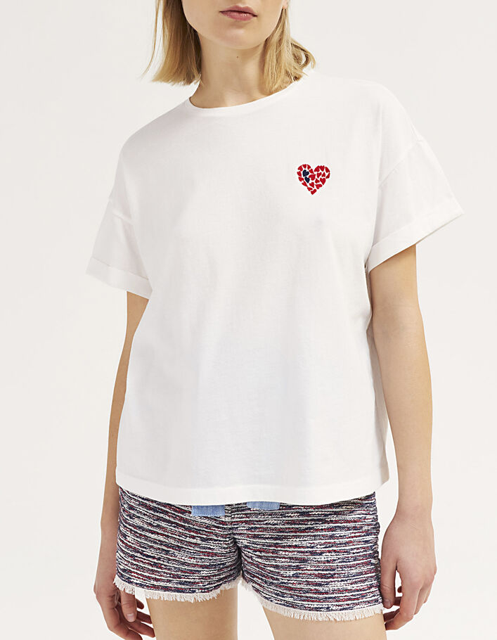 Tee-shirt en coton blanc cassé cœurs brodés poitrine femme - IKKS