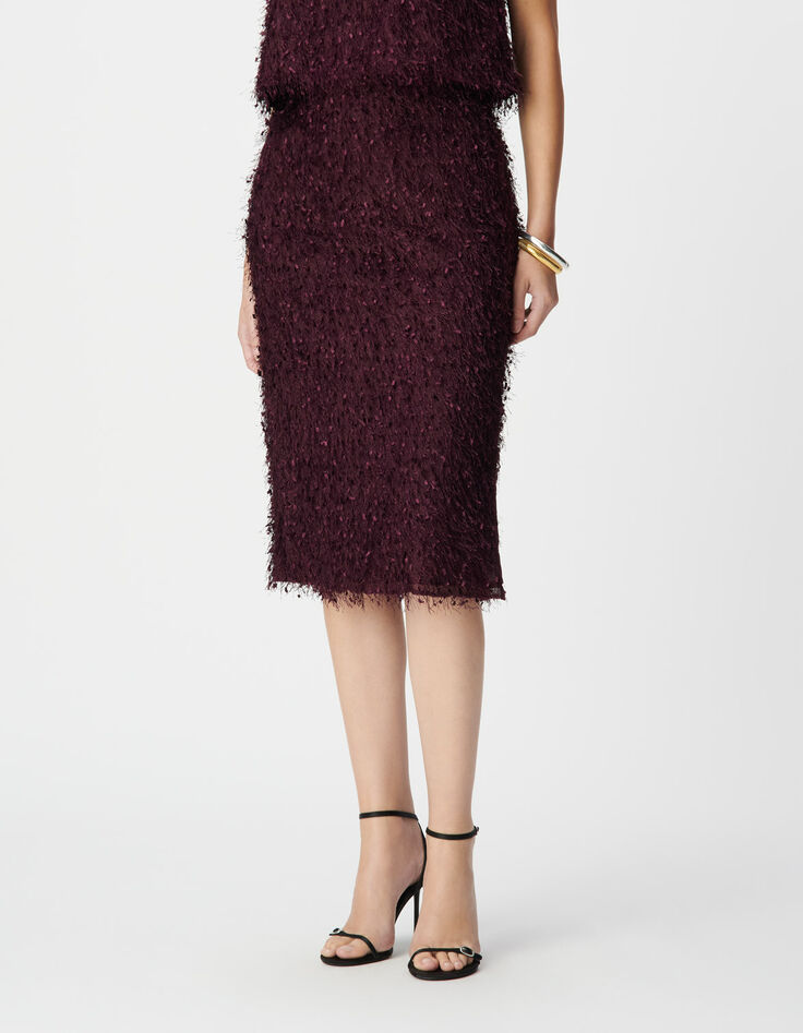 Jupe crayon fendue bordeaux effet plume Femme-2