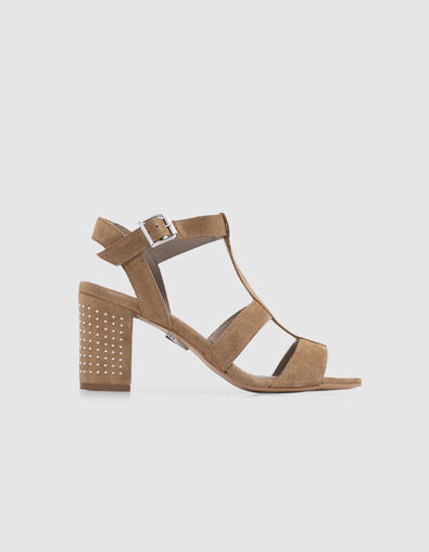 Beige suède damessandalen met hak met studs - IKKS