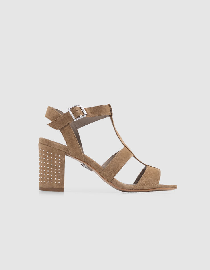 Beige suède damessandalen met hak met studs-1