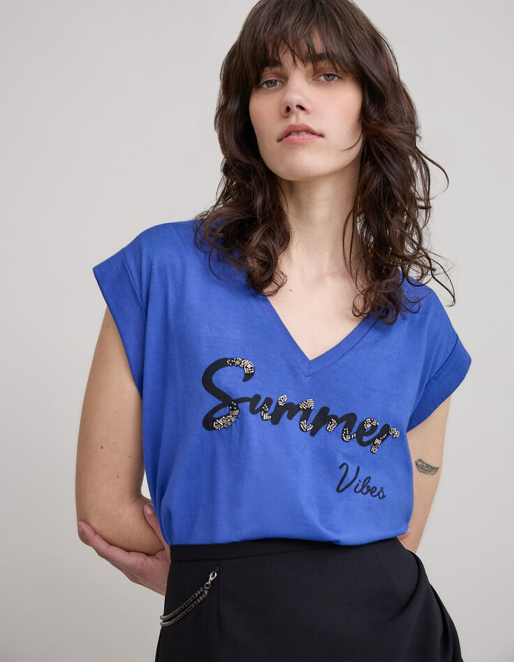 K&ouml;nigsblaues Damen-T-Shirt mit gestickter Perlenbotschaft-4