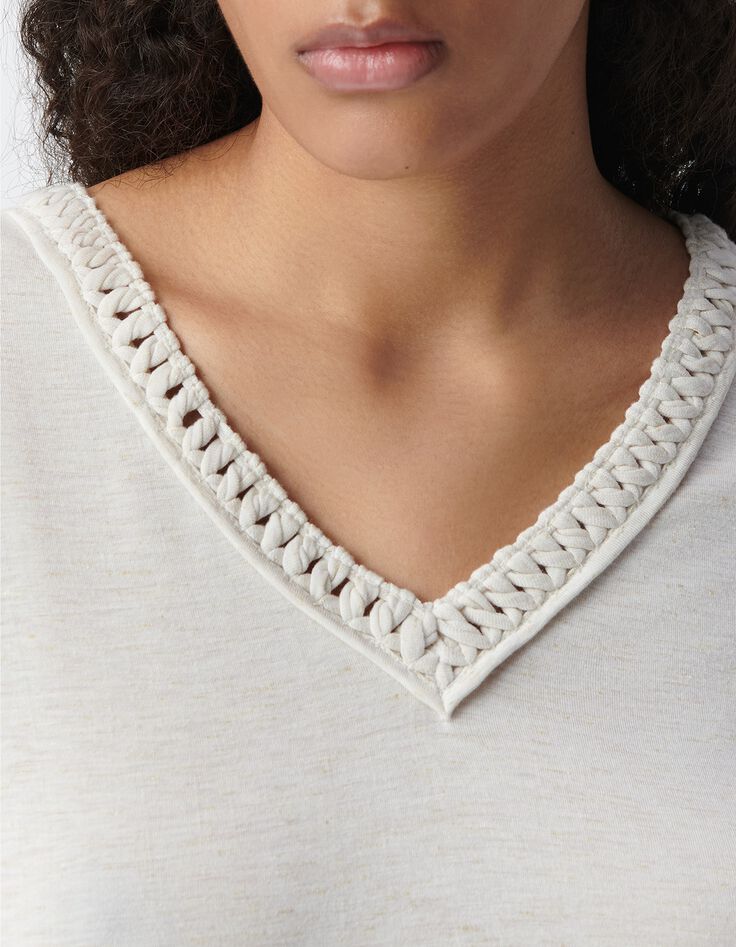 Tee-shirt blanc tressage encolure V Femme-4