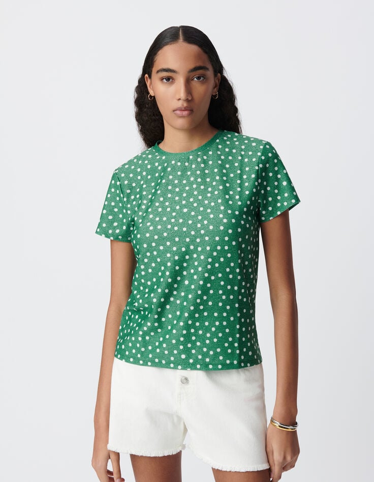 Tee-shirt vert lurex motif pois Femme-2