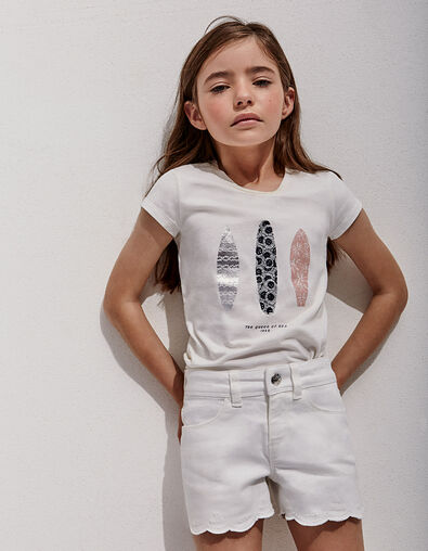 Camiseta blanco roto visuales 3 tablas de surf niña - IKKS