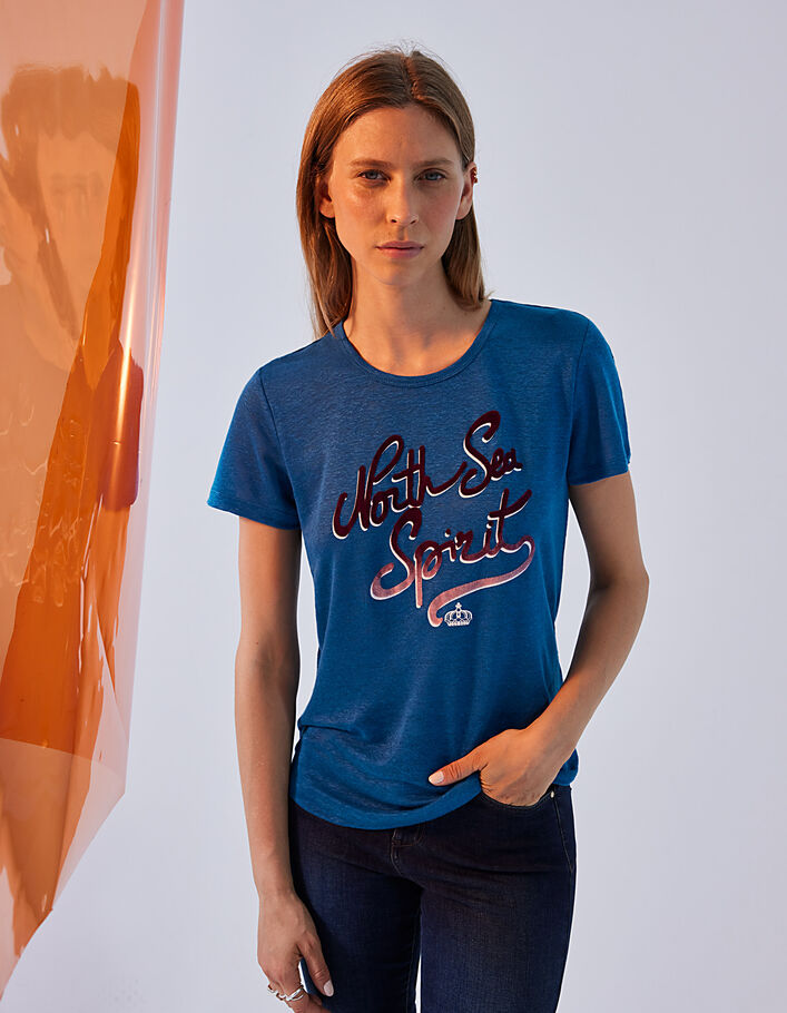 Tee-shirt en lin bleu visuel flocage velours devant femme-1