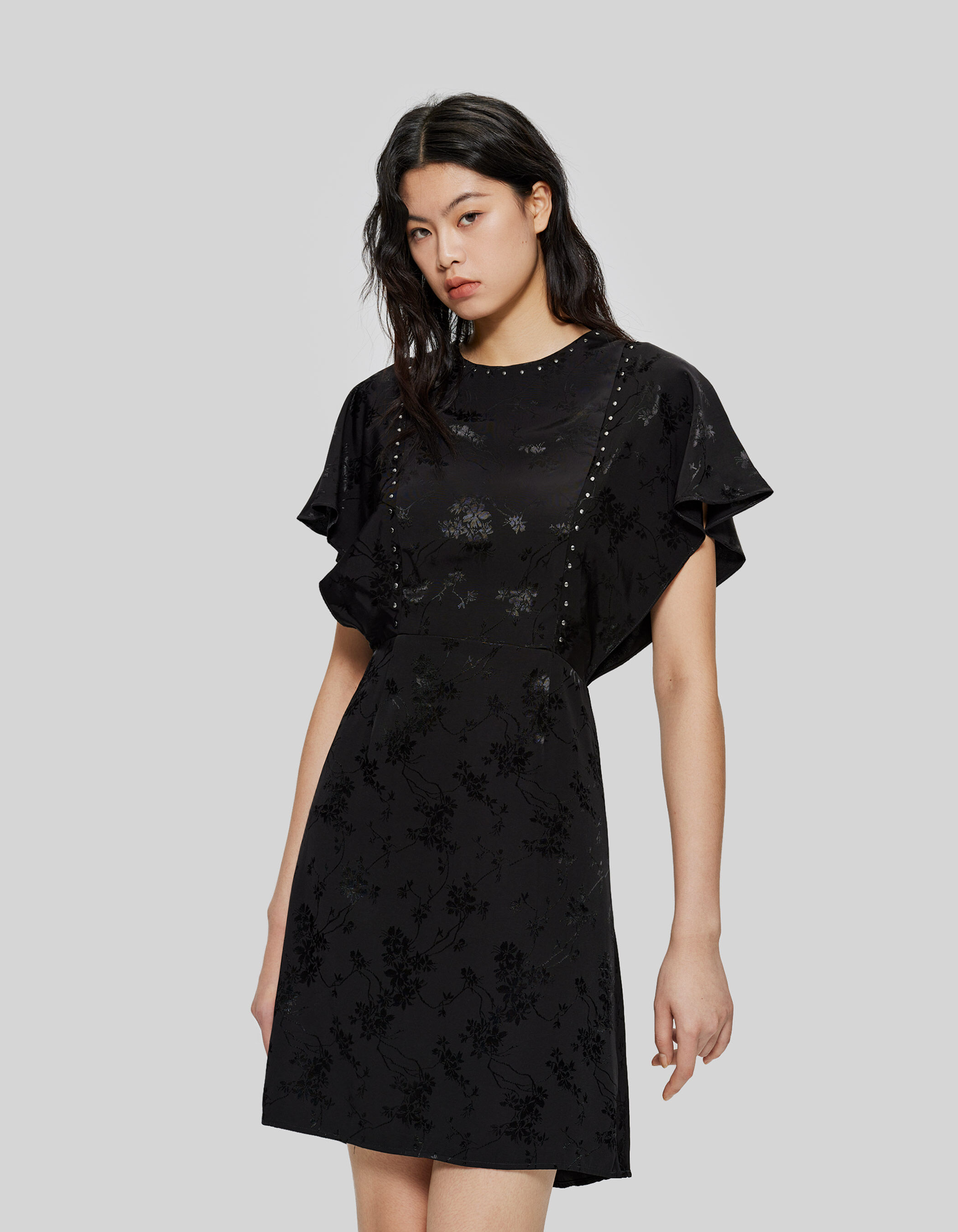 Women s black plant motif jacquard studded dress IKKS