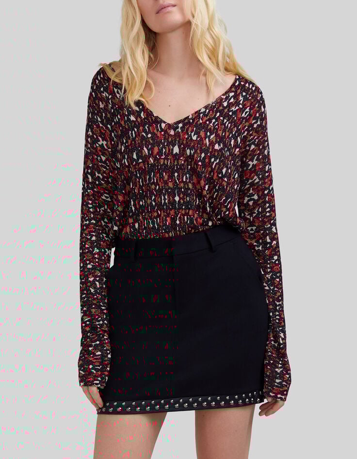 Pull noir tricot fin imprimé ikat Femme-1