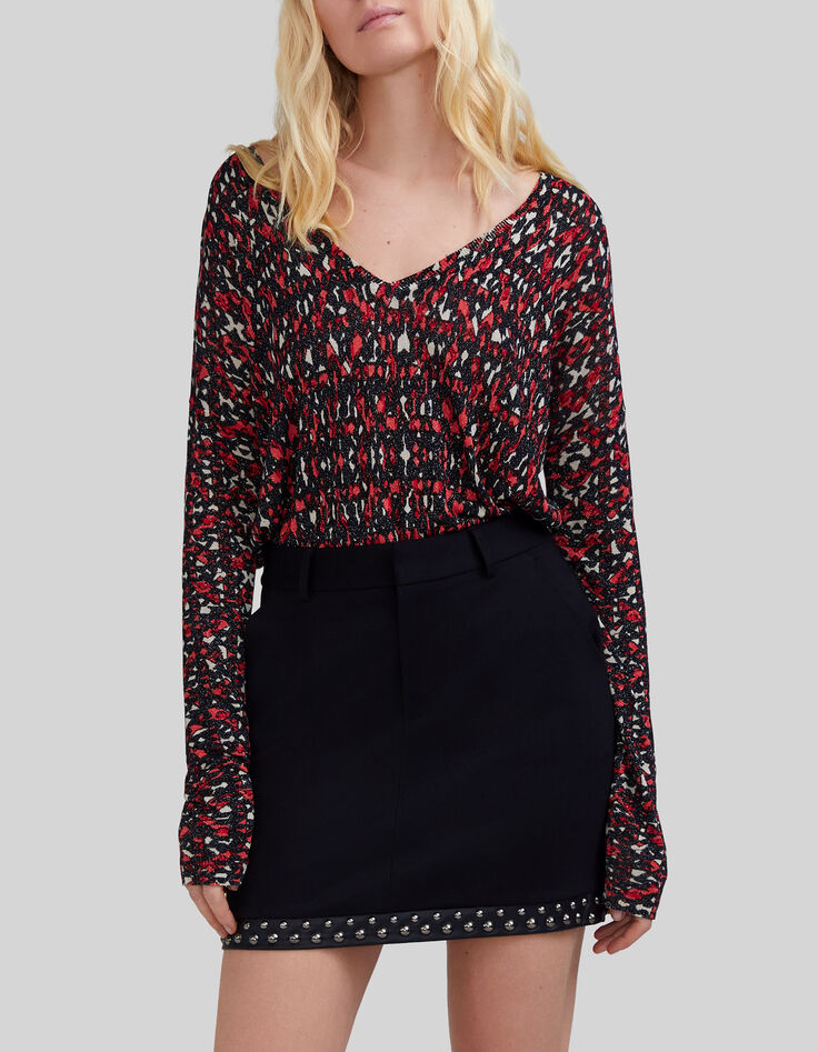 Pull noir tricot fin imprimé ikat Femme-1 Pull noir tricot fin imprimé ikat Femme-1