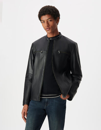 Blouson cuir noir zipp&eacute; Homme - IKKS
