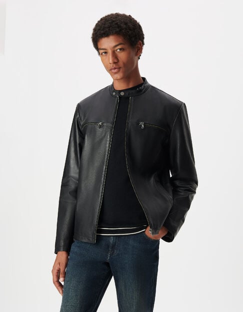 Blouson cuir noir zipp&eacute; Homme - IKKS
