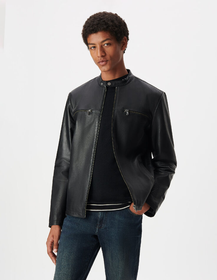 Blouson cuir noir zipp&eacute; Homme-1