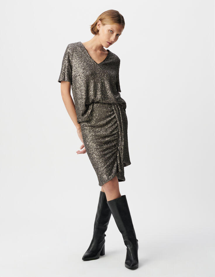 Jupe courte grise drapé asymétrique sequins métallisés Femme-2