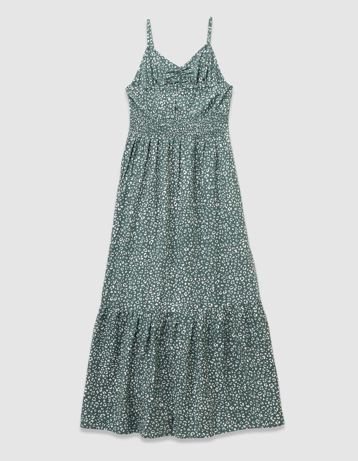 Robe longue fines bretelles verte imprimé léopard fille-7