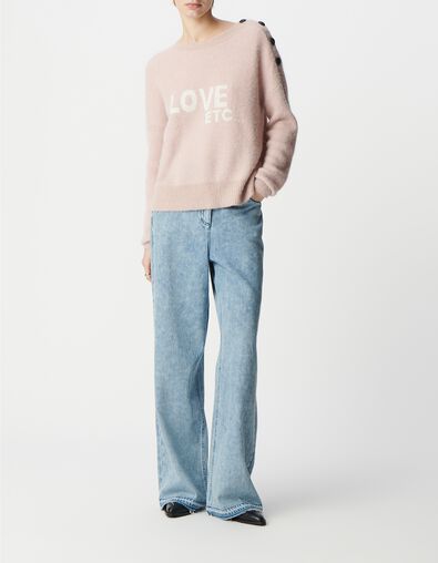 Pull alpaga m&eacute;lang&eacute; rose jacquard message et boutons Femme - IKKS