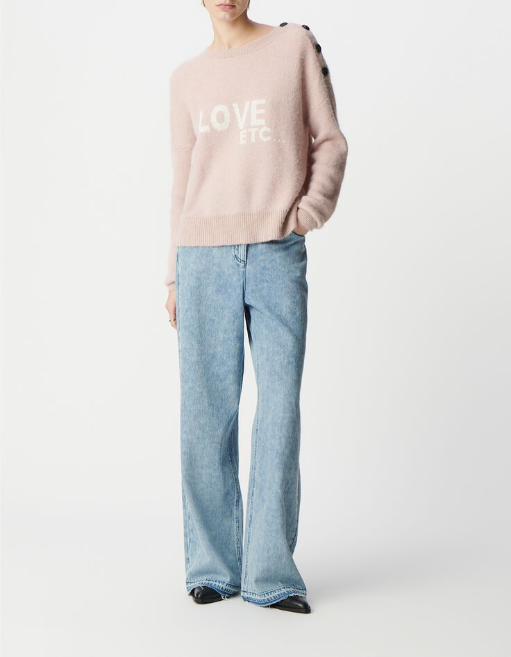 Pull alpaga m&eacute;lang&eacute; rose jacquard message et boutons Femme-1