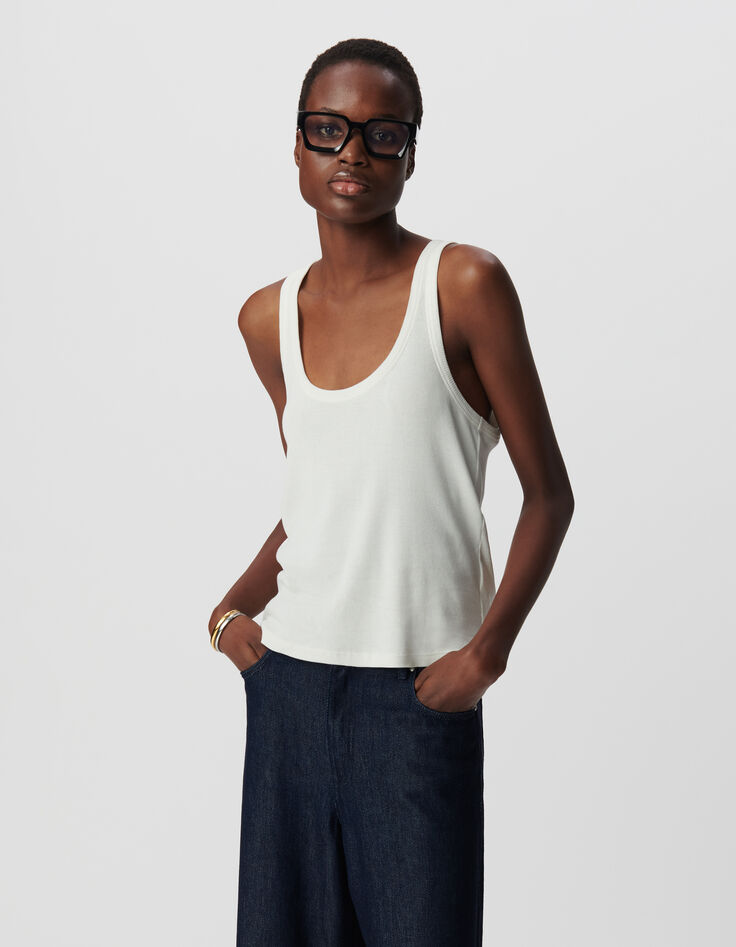 Women's white rib-knit tank top with herringbone embroidery on the back-2