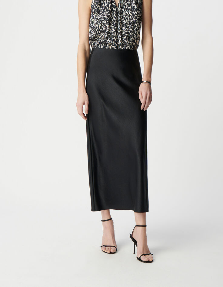 Langer schwarzer Satin-Rock für Damen-3
